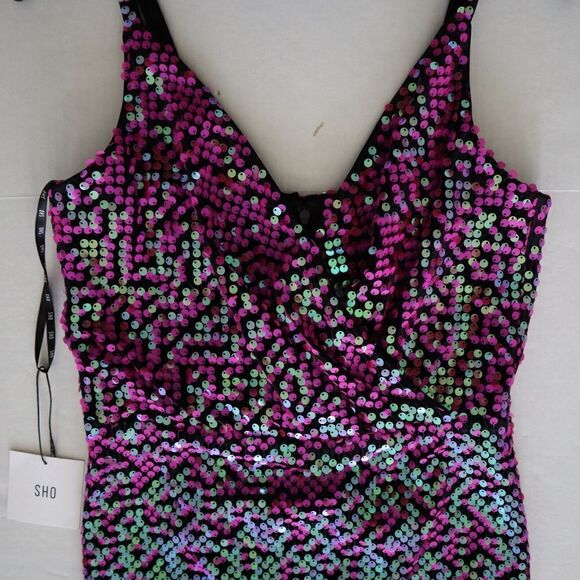 SHO x Tadashi Shoji Sz Small Hot Pink Sequin Surplice Neck Body-Con Dress - Picture 5 of 16